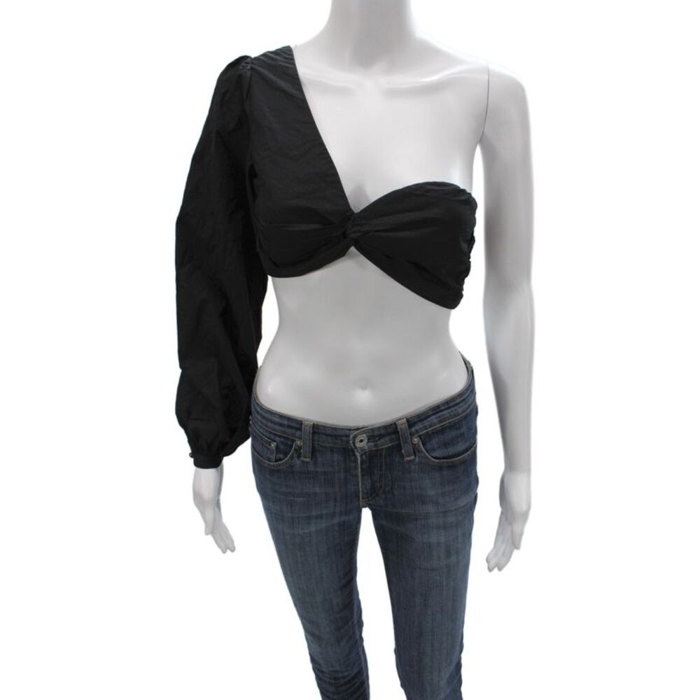 Lovers + Friends Womens One Shoulder Cropped Blouse Black Long Sleeve Size XS